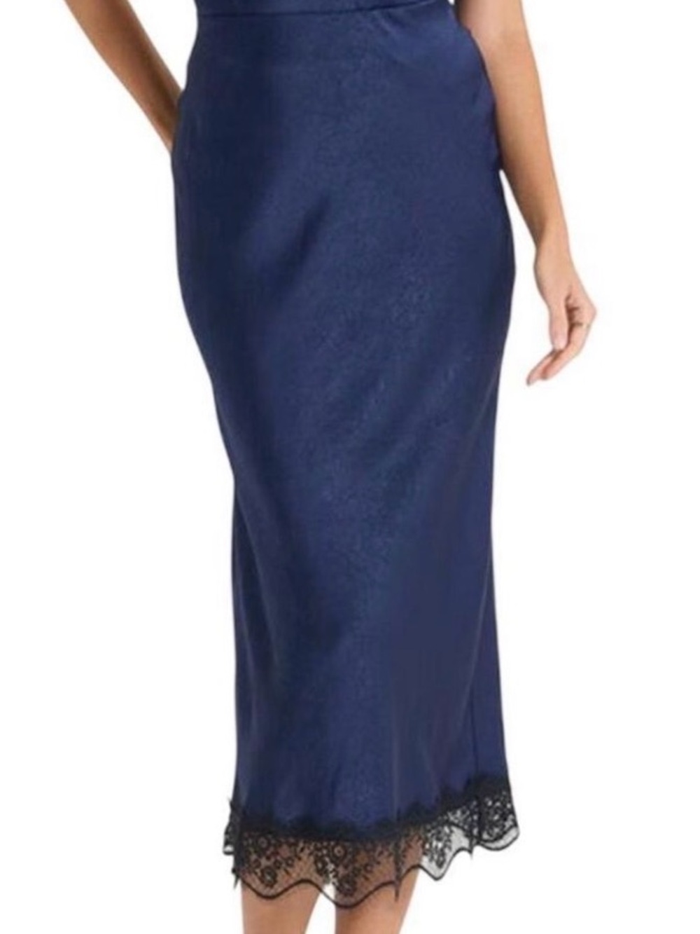 A New Day blue satin skirt with a delicate black lace trim along the hem.